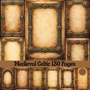Può includere: Una collezione di pagine medievali a tema celtico con cornici marroni ornate. Le cornici presentano gemme verdi e intricati disegni a nodi. Il testo "Medieval Celtic 130 Pages" è visualizzato in basso.