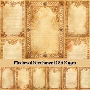 May include: A collection of medieval parchment paper sheets with ornate brown borders and lined pages. The paper has a vintage, aged appearance with ink stains. The text "Medieval Parchment 125 Pages" is displayed at the bottom of the image.