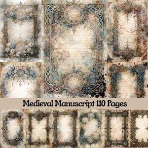 以下が含まれることがあります： 中世の写本ページコレクション。装飾的なボーダーと花のアクセントが特徴です。ページは、古紙と装飾的な要素を備えたヴィンテージな美学を特徴としています。「Medieval Manuscript 110 Pages」というテキストが表示されています。