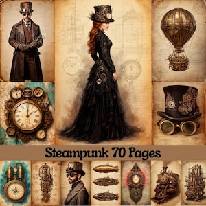 Steampunk skräpjournalsidor, digitalt industriellt papper, viktorianskt utskrivbart, digitalt collageark, mekaniskt scrapbook-ephemera