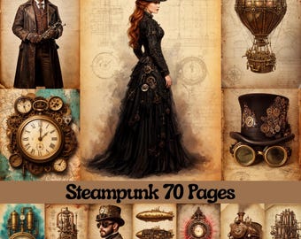 Steampunk Junk Journal Pages, Digital Industrial Paper, Victorian Printable, Digi Collage Sheet, Mechanical Scrapbook Ephemera