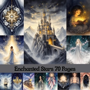 Könnte beinhalten: Digitaldruck mit Fantasy-Motiv, darunter ein Schloss, eine Frau in einem Kleid und ein Mädchen, das ein Buch liest. Das Bild hat ein himmlisches Thema mit Sternen und dem Text "Enchanted Stars 70 Pages".