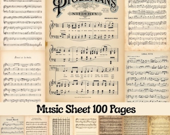 Può includere: Una raccolta di pagine di spartiti musicali vintage con note e testo. Le pagine sono invecchiate con una tonalità seppia, con titoli come "Bigeeeman's" e "Music Sheet 100 Pages". L'immagine presenta varie composizioni musicali.