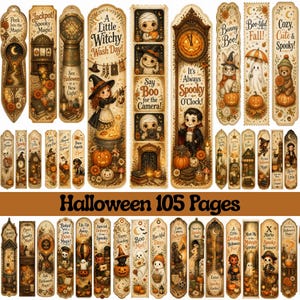 Op de afbeelding: Een collectie van 105 bladwijzers met Halloween-thema, voorzien van illustraties van pompoenen, geesten, heksen en vampiers met teksten zoals A Little Witchy Wash Day en It's Always Spooky O'Clock op een achtergrond van vintage papier.