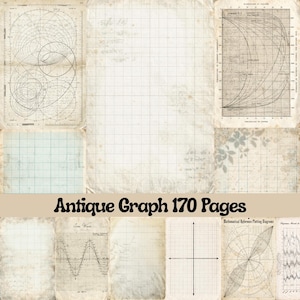 Könnte beinhalten: Eine Sammlung antiker Graphikpapierseiten mit verschiedenen Diagrammen und Rastermustern. Die Seiten haben eine Vintage-Ästhetik mit gealtertem Papier und verblasster Tinte. Der Text "Antique Graph 170 Pages" wird angezeigt.