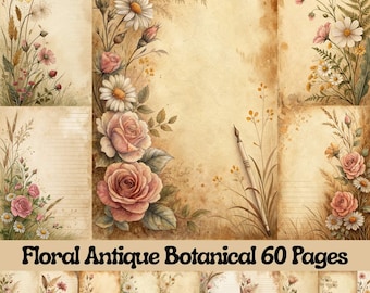 Pagine di diario vintage con motivi botanici, carta per album floreali, kit stampabile con fiori di campo (download digitale)