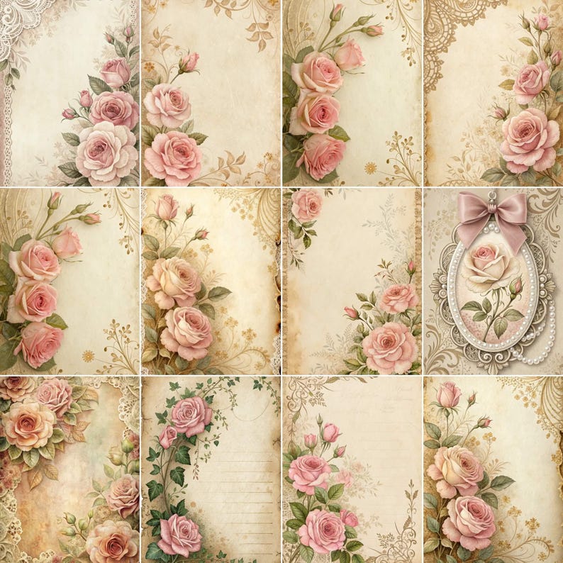 Pink Rose Junk Journal Pages | Shabby Chic Roses Ephemera | Victorian ...