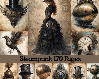 May include: A collection of steampunk illustrations featuring a woman in a black dress, a clockwork bird, a top hat, a train, and a hot air balloon. The text "Steampunk 170 Pages" is displayed at the bottom.