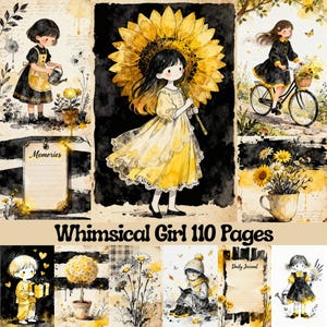 May include: Watercolor illustrations of whimsical girls with sunflowers, daisies, and other floral elements. The images feature girls in yellow dresses, riding bikes, and gardening. The text "Whimsical Girl 110 Pages" is displayed.