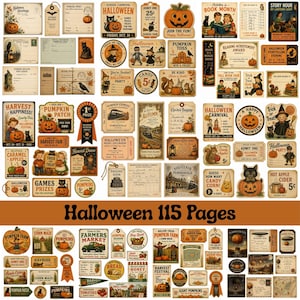 Retro Halloween-utklippningar med korttidstryck: Vintage Halloween-utklipp för skräpjournaler och pyssel | Pumpaetiketter | Höstskörden (digital nedladdning)