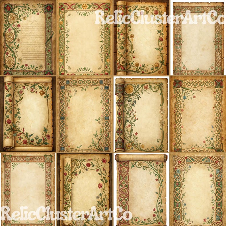 Illuminated Medieval Manuscript Digital Paper | Medieval Parchment Junk ...