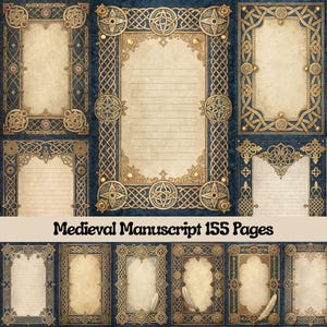 May include: A collection of medieval manuscript pages with ornate gold and blue borders. The pages feature intricate Celtic knot designs and decorative elements. The text "Medieval Manuscript 155 Pages" is displayed at the bottom.