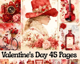 May include: A collage of watercolor illustrations with a Valentine's Day theme. Images include a red camera, a woman in a red hat, a red bicycle with a basket of roses, a violin, and a bottle. The text "Valentine's Day 45 Pages" is displayed.