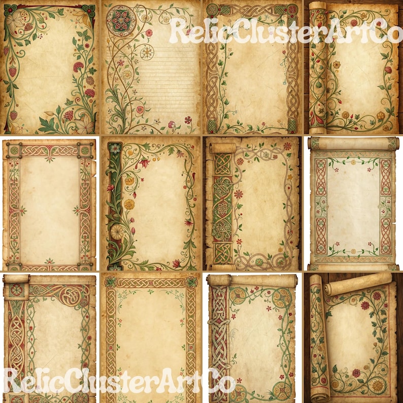 Illuminated Medieval Manuscript Digital Paper | Medieval Parchment Junk ...