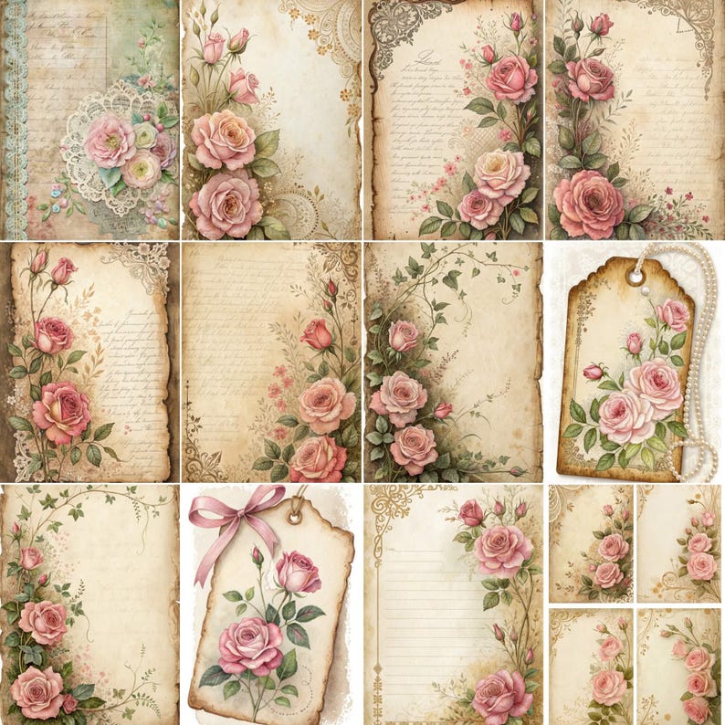 Pink Rose Junk Journal Pages | Shabby Chic Roses Ephemera | Victorian ...