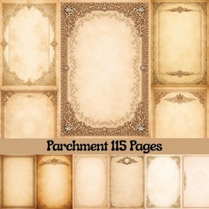 Könnte beinhalten: Eine Sammlung von Pergamentpapier-Designs mit aufwendigen, Vintage-Stil-Bordüren in Beige- und Brauntönen. Der Text "Parchment 115 Pages" wird in einer dekorativen Schriftart angezeigt. Die Designs beinhalten florale und Schmuckakzente.