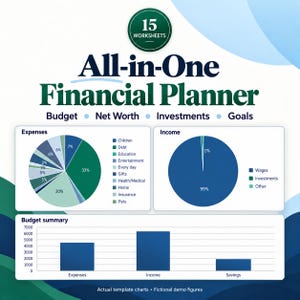 May include: An All-in-One Financial Planner digital template featuring 15 worksheets, a pie chart for expenses, a pie chart for income, and a bar chart for budget summary. Text includes Budget, Net Worth, Investments, and Goals.