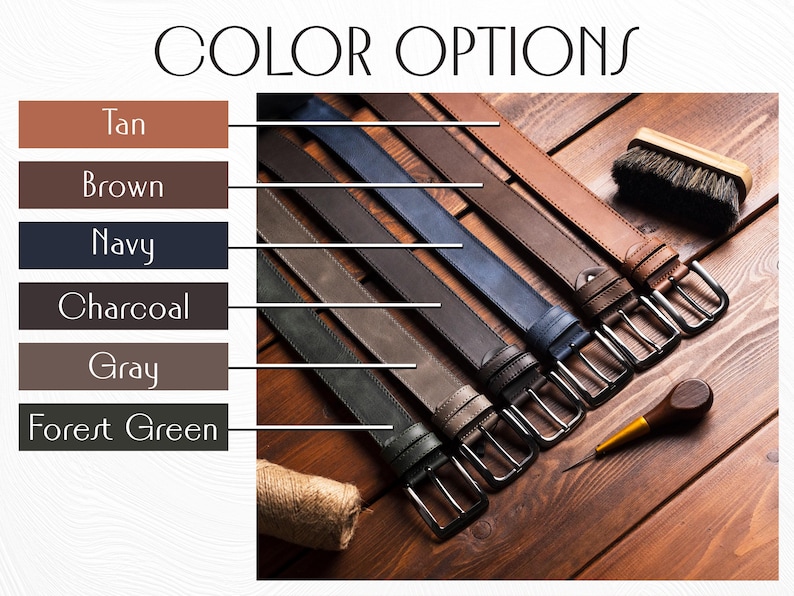 Puede incluir: Imagen que muestra una selecci&oacute;n de cinturones de cuero en varios colores: marr&oacute;n, azul marino, carb&oacute;n, gris y verde bosque. Cada cintur&oacute;n tiene una hebilla plateada. El texto "COLOR OPTIONS" est&aacute; en la parte superior.