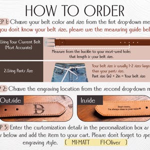 Puede incluir: Una gu&iacute;a sobre c&oacute;mo pedir un cintur&oacute;n personalizado. La imagen muestra instrucciones sobre c&oacute;mo elegir la talla del cintur&oacute;n, incluida la medici&oacute;n de un cintur&oacute;n existente o el uso de la talla del pantal&oacute;n. Opciones de grabado: exterior o interior.