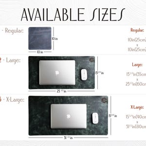 Może przedstawiać: Obraz przedstawiający trzy rozmiary podkładek pod biurko. Regularny rozmiar to 25 cm na 25 cm. Duży rozmiar to 35 cm na 60 cm. Rozmiar X-Large to 40 cm na 80 cm. U g&oacute;ry znajduje się tekst "DOSTĘPNE ROZMIARY".