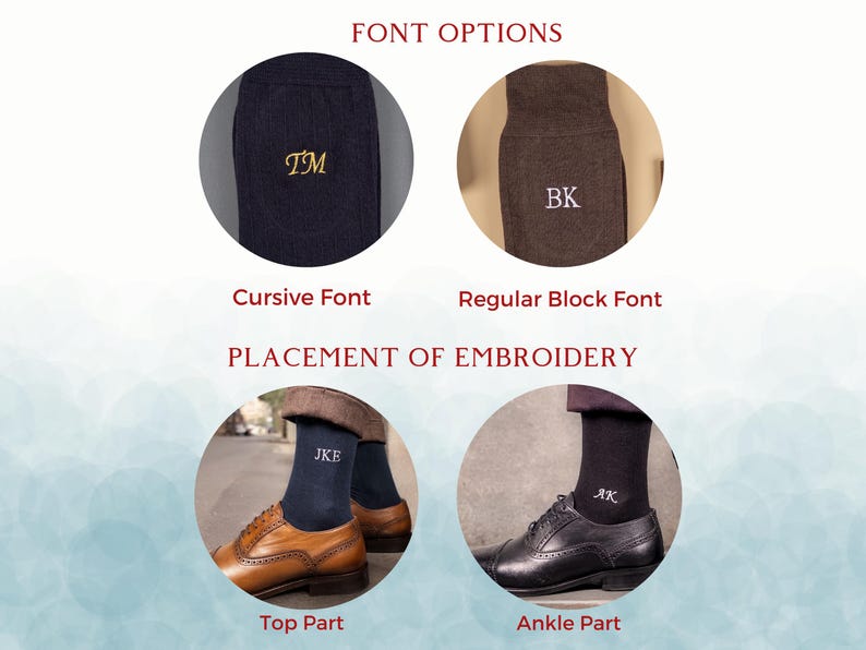 Pode incluir: Imagem mostrando op&ccedil;&otilde;es de meias personalizadas. Apresenta exemplos de fontes cursivas e em bloco com iniciais bordadas nas meias. Demonstra op&ccedil;&otilde;es de coloca&ccedil;&atilde;o: parte superior e tornozelo. Os textos "FONT OPTIONS" e "PLACEMENT OF EMBROIDERY" tamb&eacute;m s&atilde;o vis&iacute;veis.