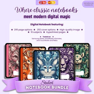 May include: A student notebook bundle featuring digital notebooks with animal illustrations. The notebooks have 295 page options, 250 cover options, and high-quality images. The notebooks are tested on Samsung Notes, GoodNotes, Kilonotes, and TouchNotes and Nebo.