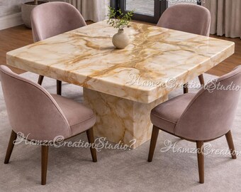 Luxury Onyx Marble Dining Table Set, Square Pedestal Table, Modern Minimalist Dining Room Furniture,  Elegant Onyx Stone Dining Table