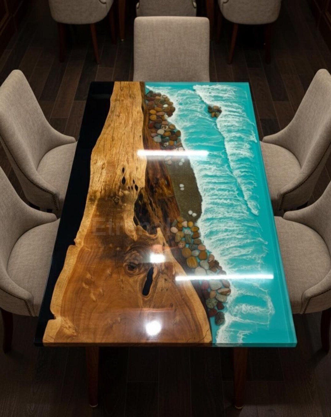 Luxury Ocean Epoxy River Table With Live Edge Wood • Turquoise Resin ...