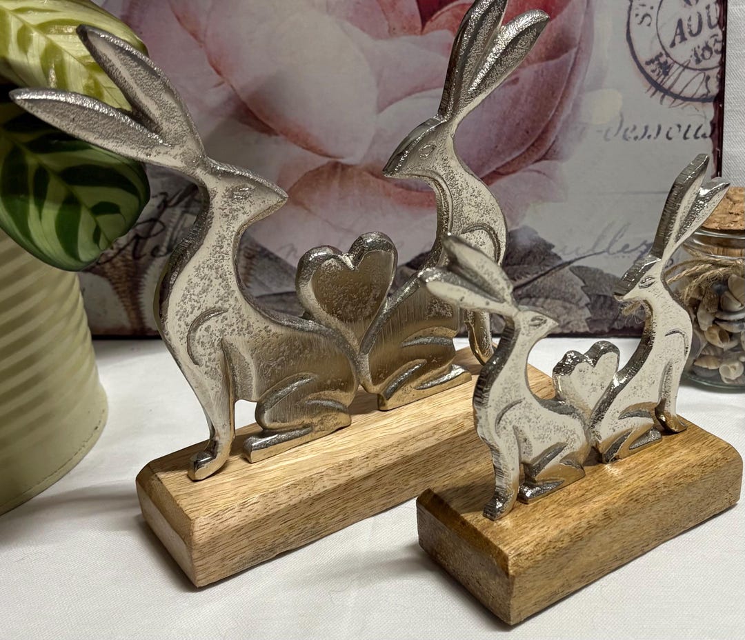 Pair of Metal Rabbits Hare Bunnies With Heart on Wooden Base Ornament ...