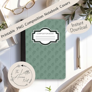 Pode incluir: Uma capa de caderno de composição com um padrão de rãs verde sálvia. A capa apresenta um rótulo branco com as palavras "Composition Book" e uma borda decorativa. As palavras "Instant Download" estão em um adesivo oval branco.