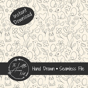 Peut inclure: Motif sans couture avec des illustrations dessinées à la main de lapins, d'œufs, de fleurs et de cœurs noirs sur fond crème. Les mots "Instant Download" sont dans un ovale noir. Le texte "Hand Drawn • Seamless File" est sur une bannière noire.