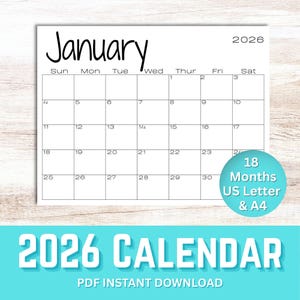 Pode incluir: Página de calendário branca de janeiro de 2026, com um layout de grade e os dias da semana na parte superior. A palavra "Janeiro" está escrita em itálico. Um círculo turquesa indica que o calendário tem 18 meses e está disponível nos tamanhos US Letter e A4.