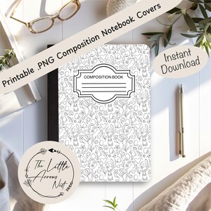 Op de afbeelding: Een compositie-notitieboek met een zwart-wit bloemen- en konijnenpatroon. De omslag heeft de tekst "Composition Book" in een decoratief kader. De afbeelding bevat ook de tekst "Printable .PNG Composition Notebook Covers" en "Instant Download".