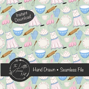 Op de afbeelding: Een naadloos patroon met handgetekende keukenillustraties. Het ontwerp omvat schorten, deegrollers, kommen, kopjes, gardes, ovenwanten, borden en theepotten in pastelkleuren op een lichtgroene achtergrond. De woorden "Instant Download" zijn zichtbaar.
