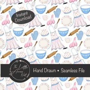 Op de afbeelding: Een naadloos patroon met handgetekende illustraties van bakgereedschap en keukengerei. Het ontwerp bevat schorten, kommen, deegrollers en andere items in pastelkleuren. De tekst "Instant Download" en "Hand Drawn • Seamless File" zijn ook aanwezig.