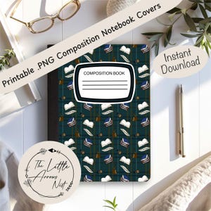 May include: A composition notebook cover with a dark teal plaid pattern and illustrations of books and feathers. The cover has a white label that says "COMPOSITION BOOK". The text "Instant Download" is also visible.
