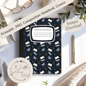May include: A composition notebook cover with a navy blue plaid pattern and illustrations of books and quills. The cover has a white label that says "COMPOSITION BOOK". The text "Printable .PNG Composition Notebook Covers" and "Instant Download" are also visible.