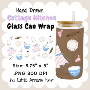 May include: A glass can wrap with a wooden lid and straw, featuring a brown background with hand-drawn kitchen-themed illustrations. The design includes aprons, bowls, rolling pins, and plates. The wrap measures 9.75" x 5".