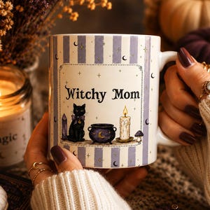 Personalized Witchy Mom Mug, Celestial Black Cat Coven Gift, Ceramic Coffee Cup image 1