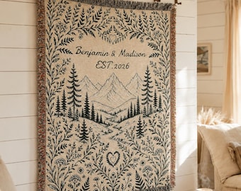 Personalized Wedding Blanket with Names & Date, Mountain Wreath Woven Throw, Nature Lovers Anniversary Gift, Camping Couple Keepsake