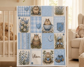 Personalized Capybara Blanket, Blue Woodland Name Throw for Kids, Velveteen Baby Boy Gift
