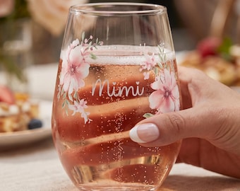 Personalized Floral Wine Glass, Custom Mimi Gift, Toasting Glass, Celebration Keepsake