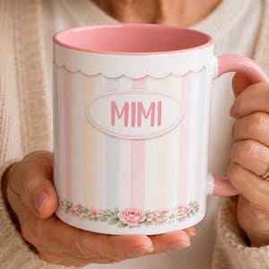 Personalized Mimi Pastel Striped Name Mug, Watercolor Floral Accent Coffee Cup image 1