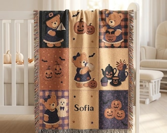 Personalized Halloween Blanket, Teddy Bear Pumpkin Woven Baby Throw with Name
