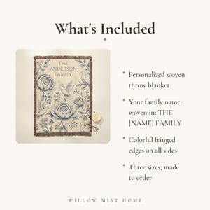 Personalized Family Name Woven Blanket, Vintage Floral Toile Throw, 100% Cotton, Fringed Edge image 12