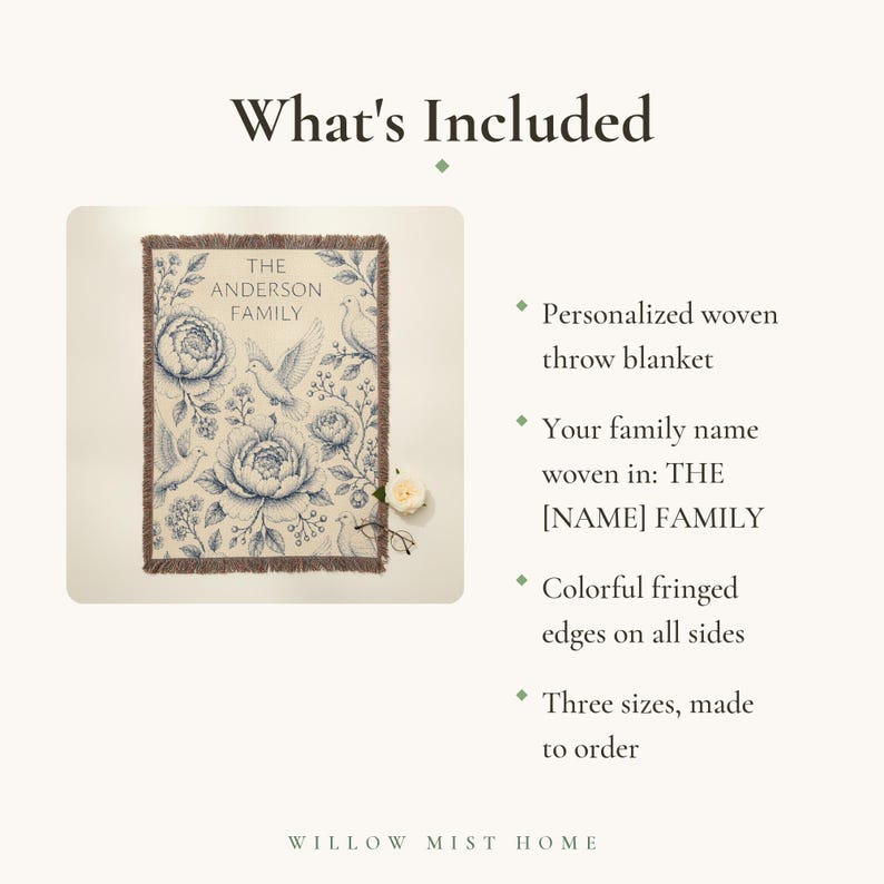 Personalized Family Name Woven Blanket, Vintage Floral Toile Throw, 100% Cotton, Fringed Edge image 12