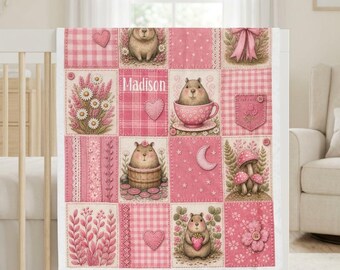 Personalized Capybara Blanket, Pink Patchwork Name Throw for Girls, Velveteen Baby Shower Gift