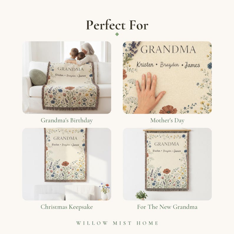 May include: A cream-colored woven throw blanket featuring a floral pattern at the bottom and the text GRANDMA followed by the names Kristen, Brayden, and James. The blanket has a fringed edge and is displayed in four different settings.