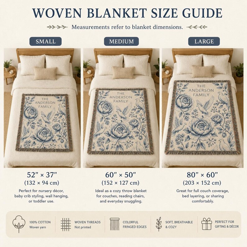 Personalized Family Name Woven Blanket, Vintage Floral Toile Throw, 100% Cotton, Fringed Edge image 16