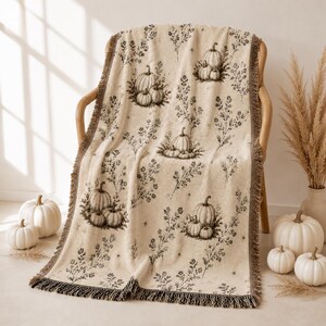 Woven Pumpkin Throw Blanket, Neutral Fall Tapestry, Cottagecore Botanical Decor image 2